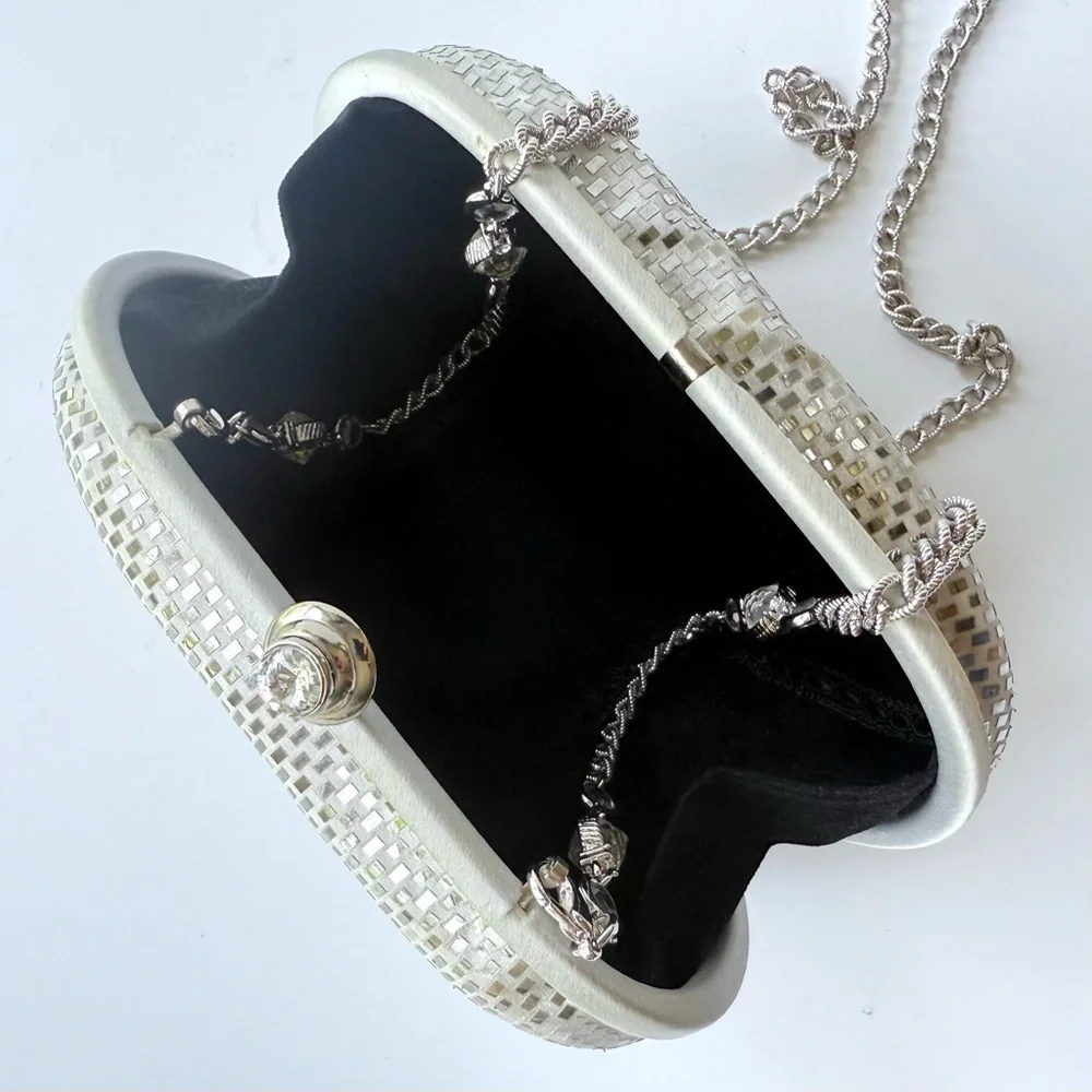 Vintage St. John Silver Satin Sequin Paillette Convertible Clutch Evening Bag